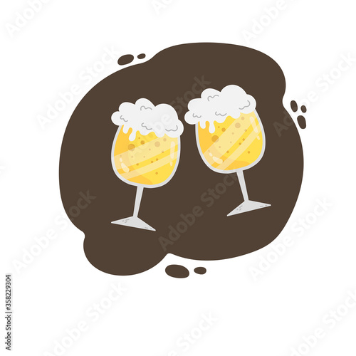 Two mugs with yellow beer, clinking glasses