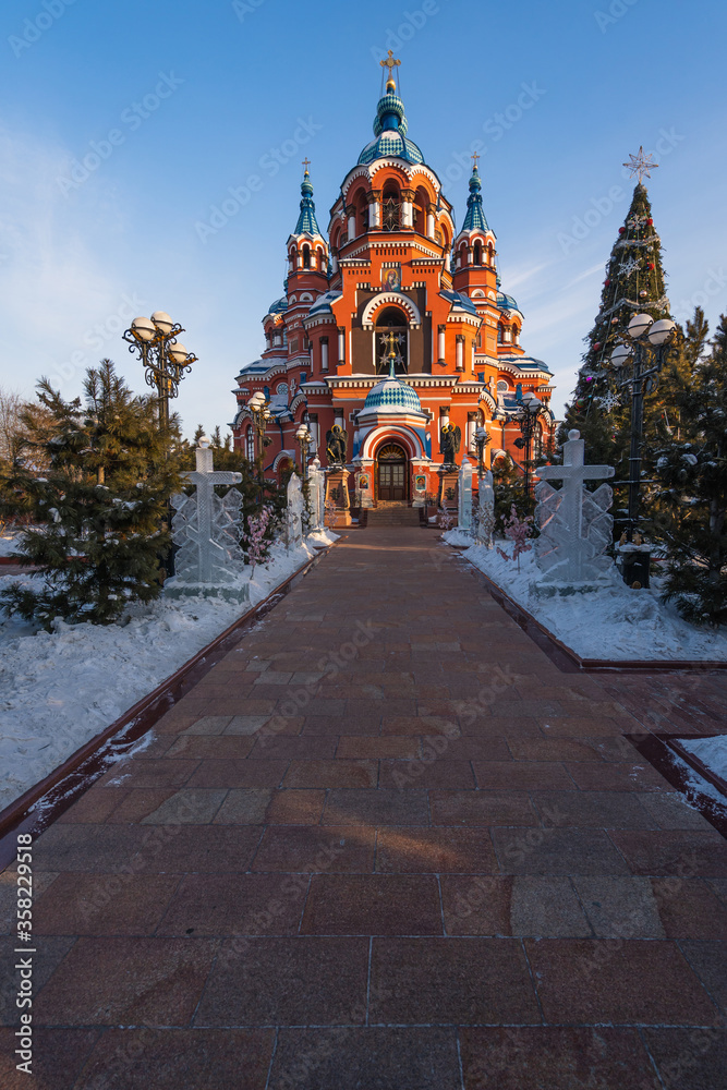 Kazan Orthodox church Icon of the Mother of God in  city center of Irkutsk in winter season, Russia, Siberia