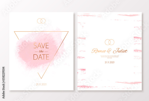 Wedding pink color invitation card with watercolor spot and triangle gold frame. Vector luxury invite