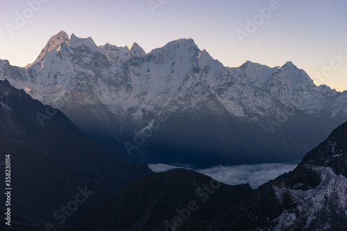 Beautiful landscape of Himalaya mountains including Kangtega and Thamserku in a morning sunrise view from Gokyo Ri view point  Nepal