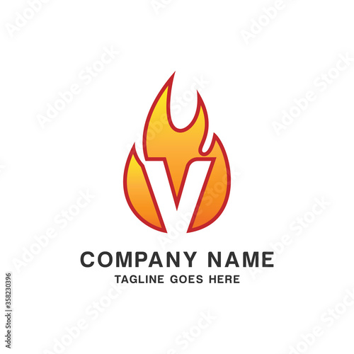 Initial Letter V with Flame Fire Logo Design Template