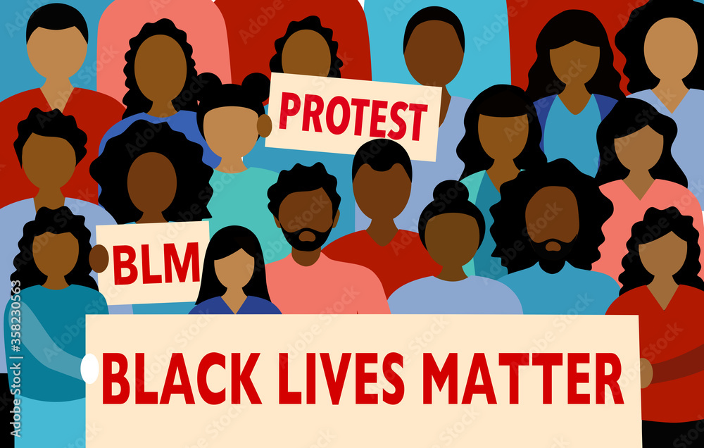 Black Lives Matter. African American men and women standing together and holding protest banner. Tolerance and stop racism concept vector illustration. Human rights of black people protest banner. Black Lives Matter. African American men and women standing together and holding protest banner. Tolerance and stop racism concept vector illustration. Human rights of black people protest banner.