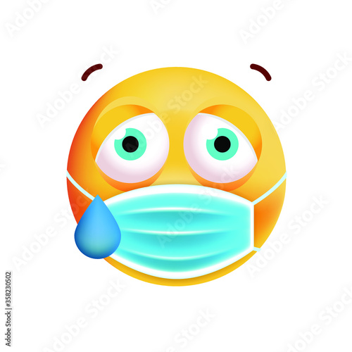 Cute Crying Emoticon with Face Mask on White Background. Isolated Vector Illustration 