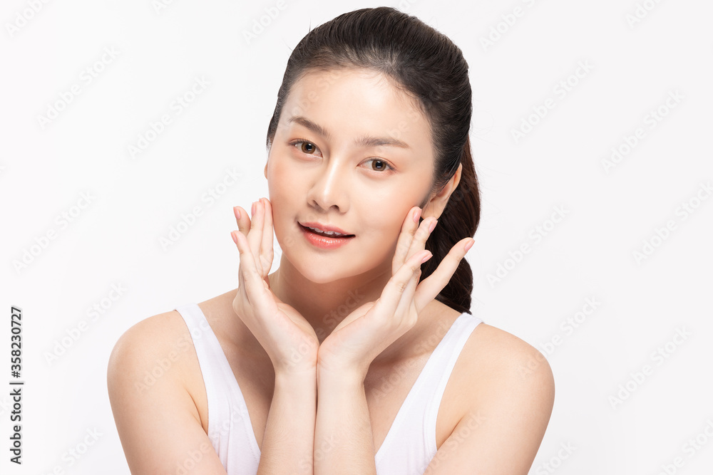 Beautiful Asian young woman touching soft cheek smile Beautiful Asian young woman touching soft cheek smile