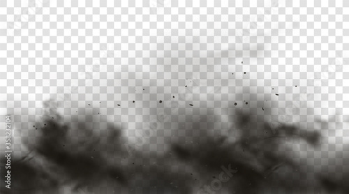 Black smoke or fog isolated on transparent light background. Abstract black powder explosion with particles. Colorful dust cloud explode, paint holi, mist smog effect. Realistic vector illustration