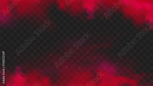 Red smoke or fog color isolated on transparent dark background. Abstract red powder explosion with particles. Colorful dust cloud explode, paint holi, mist smog effect. Realistic vector illustration