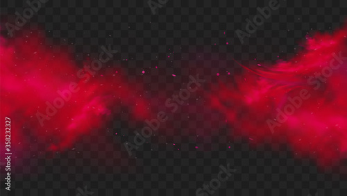 Red smoke or fog color isolated on transparent dark background. Abstract red powder explosion with particles. Colorful dust cloud explode, paint holi, mist smog effect. Realistic vector illustration