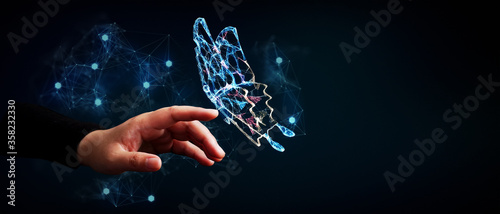 Abstract 3D illustration change future technology business concept with butterfly transform and human hand photo