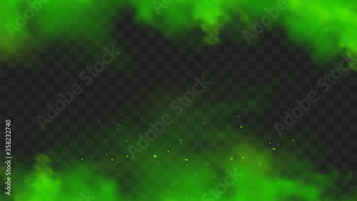 Green smoke isolated on transparent background. Realistic green bad smell, magic mist cloud, chemical toxic gas, steam waves. Realistic vector illustration