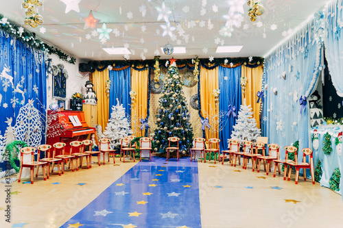Christmas decorated room in a kindergarten in Russia