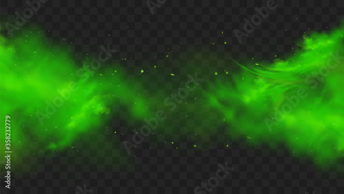 Green smoke isolated on transparent background. Realistic green bad smell, magic mist cloud, chemical toxic gas, steam waves. Realistic vector illustration photo