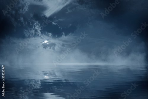 Dark cold futuristic forest. Dramatic scene with trees, big moon, moonlight. Smoke, shadow, smog, snow. Night forest landscape reflection in the river, sea, ocean. 3D illustration