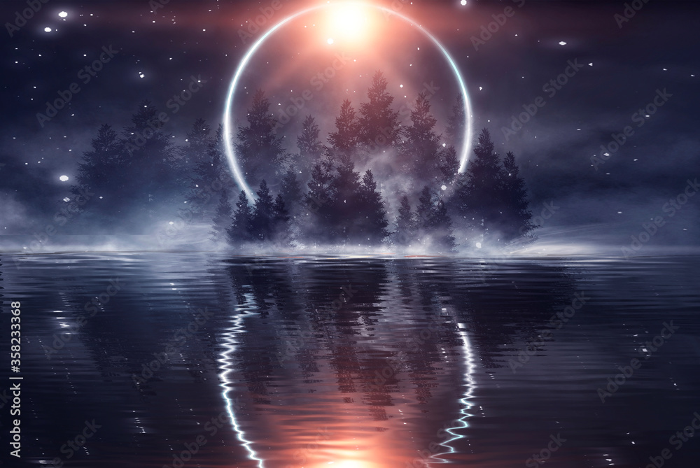 Futuristic night landscape with abstract landscape and island, moonlight, shine. Dark natural scene with reflection of light in the water, neon blue light. Dark neon background. 3D illustration