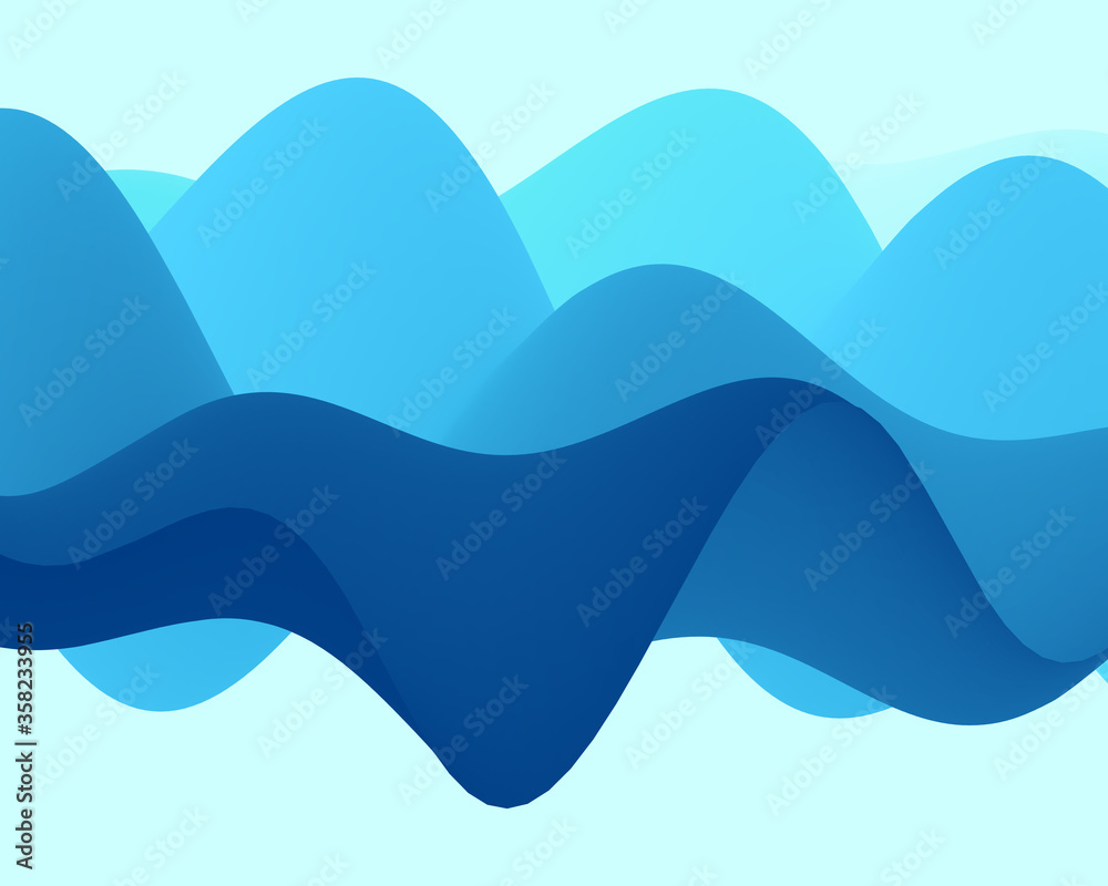 Blue abstract background. Realistic landscape with waves. Cover design template. 3d vector illustration.