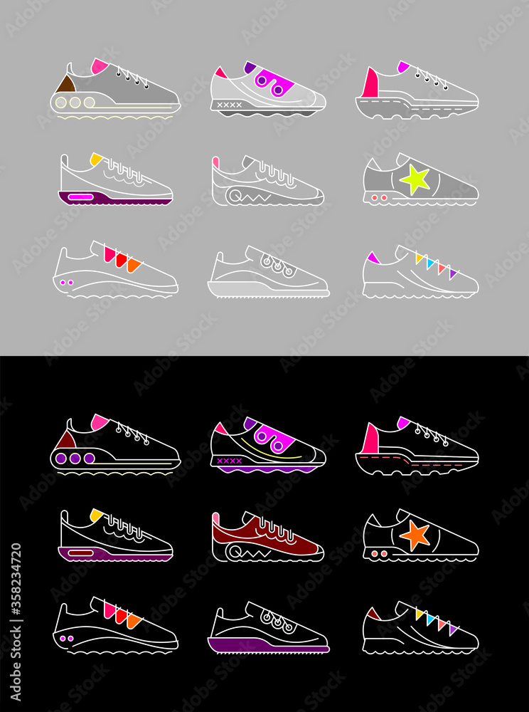 Sneakers. Set of sports shoes vector icons isolated on a light grey and on a black backgrounds.