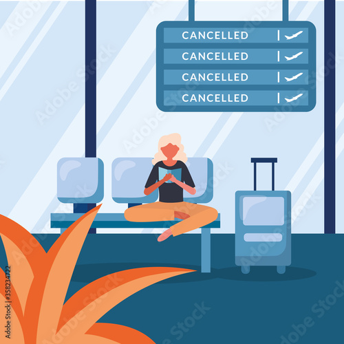 Woman with bag on chairs and cancelled flight board vector design