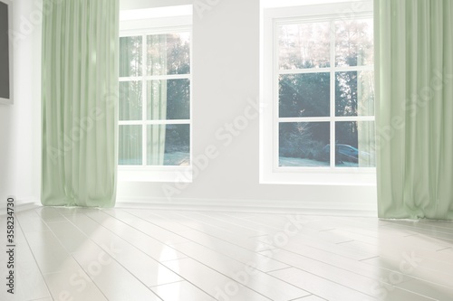 modern empty room with curtains and natural background in windows2 interior design. 3D illustration