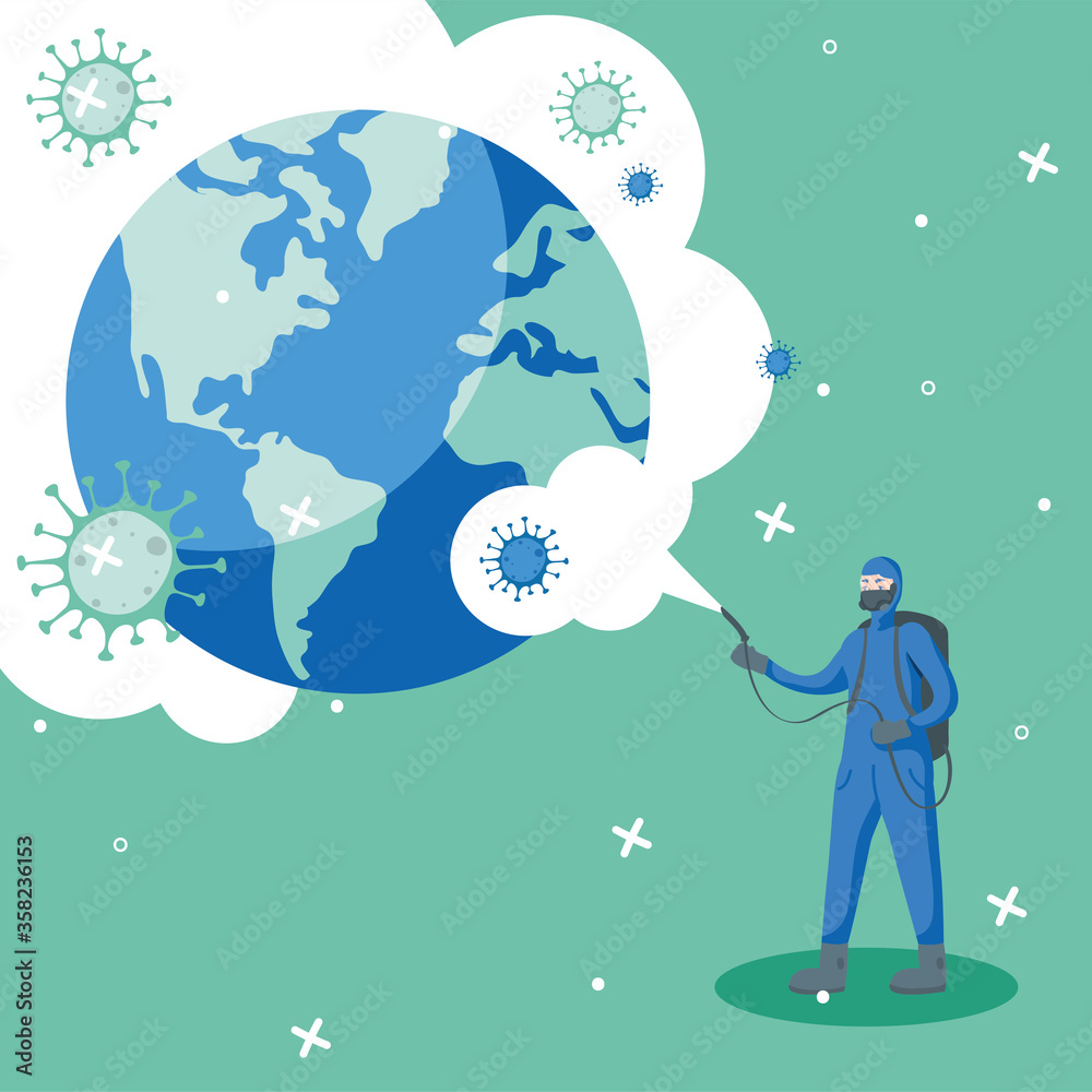 Man with protective suit spraying world with covid 19 vector design Man with protective suit spraying world with covid 19 vector design