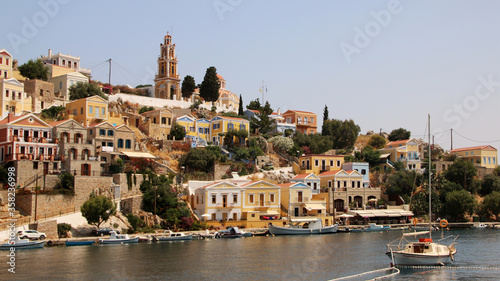 Symi town, Symi island, pictorial view of colorful houses and the harbour © VP