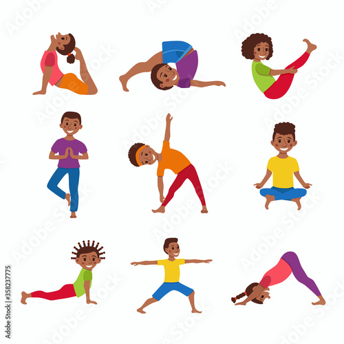 kids exercise poses and yoga asana set
