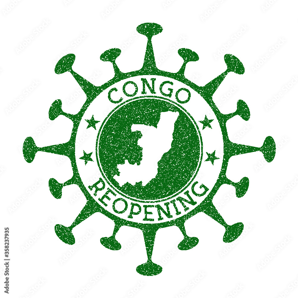 Congo reopening stamp. Green round badge of country with map of Congo. Country opening after lockdown. Vector illustration. Congo reopening stamp. Green round badge of country with map of Congo. Country opening after lockdown. Vector illustration.