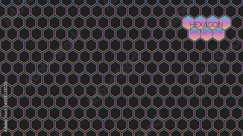 Vector abstract, geometric background, colorful bright hexagonal shapes on a dark gray background. For banner, print design, social networks, place for text. Copyspace.