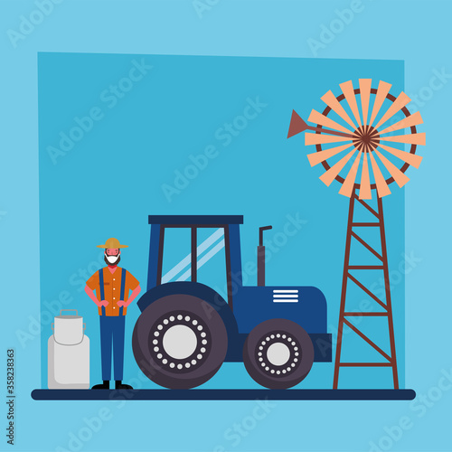 gardener man tractor windmill and milk can vector design