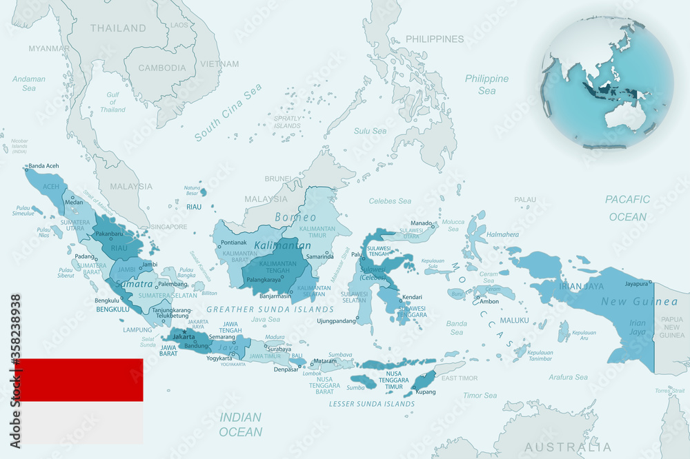 Blue-green detailed map of Indonesia administrative divisions with country flag and location on the globe.