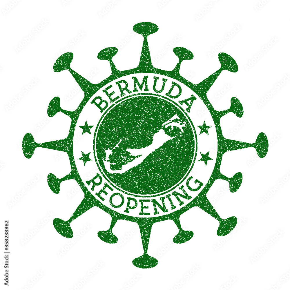 Bermuda Reopening Stamp. Green round badge of island with map of Bermuda. Island opening after lockdown. Vector illustration.