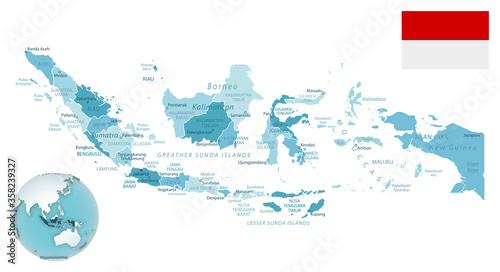 Indonesia administrative blue-green map with country flag and location on a globe.