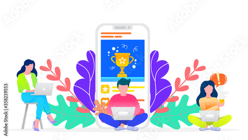 People sitting near smartphone with business application, reward cup sign. Women and man working on laptops in office. Success of team, people on meeting or appointment. Vector illustration in flat