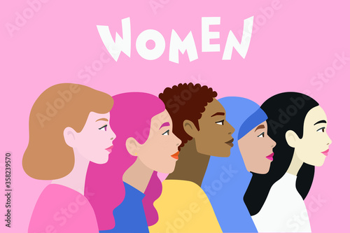 Happy Women head faces profile in flat modern design in different nationality. Women's friendship, union of feminists or sisterhood concept. Hand drawn vector illustration, isolated on background