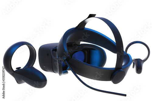 3D render of VR headset with goggles and controllers on white background