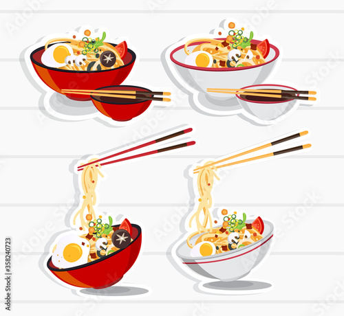 Japanese Ramen On A Bowl , Noodle Soup in Chinese Bowl Asian Food Vector illustration.