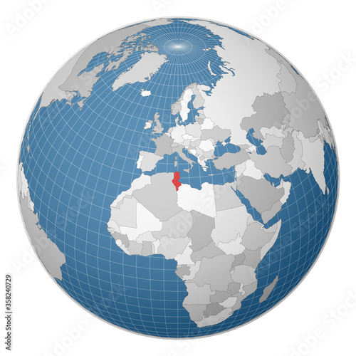 Globe centered to Tunisia. Country highlighted with green color on world map. Satellite world projection. Appealing vector illustration.