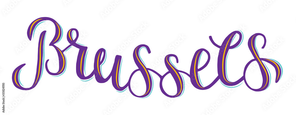 Vector illustration of word Brussels with font decor for souvenir products, icon or emblem, screensaver for site, article and advertising. Hand drawn lettering. City logotype.