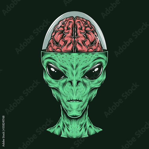 Hand drawing vintage alien head with brain vector illustration