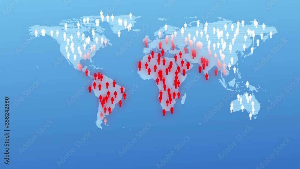 Overpopulation concept. 4k animation showing the most populated regions ...