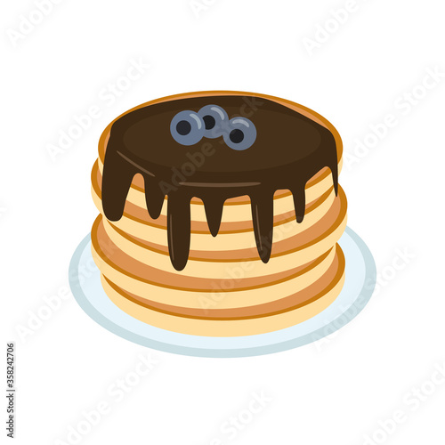 pancake with chocolate and blueberries on a plate in vector flat style, single element for design. food, american dessert