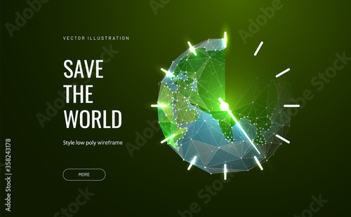 Planet earth in the form of a clock. Low poly wireframe style. Land resources run out. Polygonal abstract isolated on blue background. Vector illustration