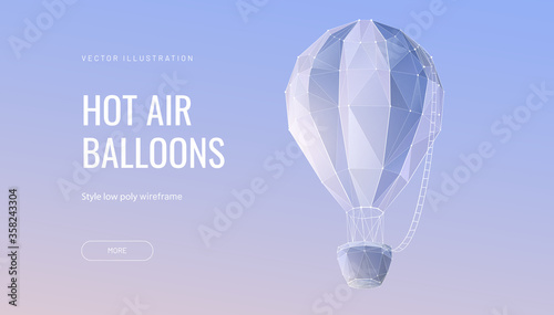 Balloon polygonal vector illustration - Monochrome abstract isolated on blue background - Concept of fly, travel or adventure - Low poly wireframe style