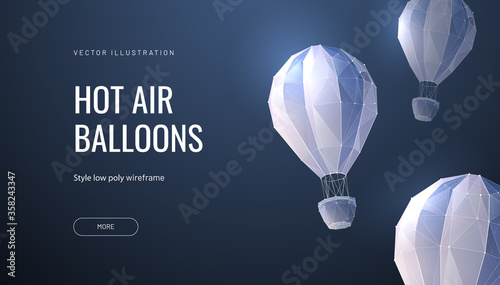 Balloon polygonal vector illustration - Monochrome abstract isolated on blue background - Concept of fly, travel or adventure - Low poly wireframe style