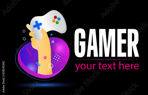 Gamepad logo. Electronic sports, e-sports, or eSports concept. Hand Holding game controller on creative colorful background.