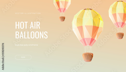 Balloon polygonal vector illustration - Monochrome abstract isolated on yellow background - Concept of fly, travel or adventure - Low poly wireframe style