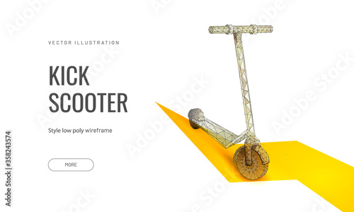 E-scooter. Low poly wireframe style. Banner concept for mobility in the city. Polygonal abstract isolated on black background. Particles are connected in a geometric silhouette. Vector illustration