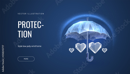 Health insurance concept on blue background. Umbrella polygonal, protecting the heart. Four hearts as a symbol of family are covered with an umbrella, symbolizing safety or life savings