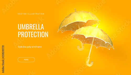 Two umbrellas. Low poly wireframe style. Banner concept for carnival or venetian ball or festival. Polygonal abstract isolated on gradient background. Vector