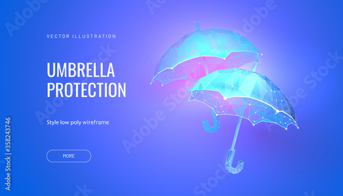 Two umbrellas. Low poly wireframe style. Banner concept for carnival or venetian ball or festival. Polygonal abstract isolated on gradient background. Vector