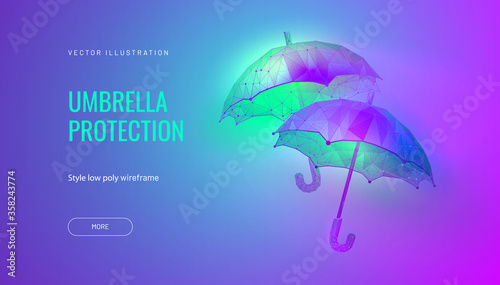 Two umbrellas. Low poly wireframe style. Banner concept for carnival or venetian ball or festival. Polygonal abstract isolated on gradient background. Vector