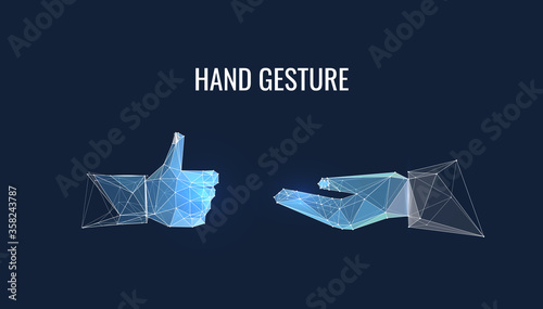 Futuristic hand gesture vector illustration. Glowing polygonal hand isolated on dark blue background
